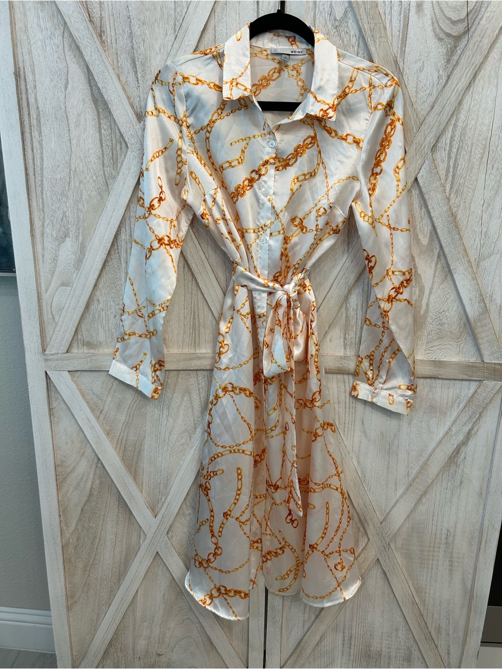 WD.NY Cream Satin Chain-Print Midi Shirt Dress